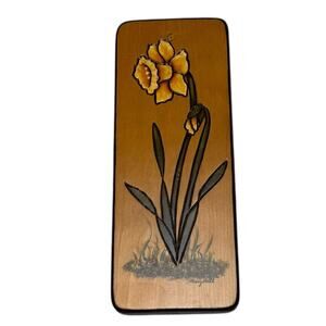 Vintage Daffodil Wood Burned Hand Painted Wooden Plaque Signed